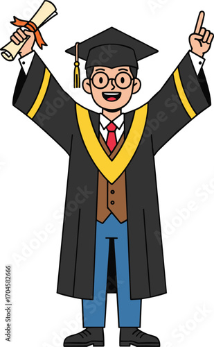 Cartoon graduate character, black gown, academic cap, holding diploma, pointing upward, smiling student, graduation ceremony, academic achievement, education theme, vector illustration art design