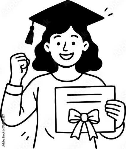 hand drawn style  Flat vector line design ilustration happy woman with Graduation cap & certificate