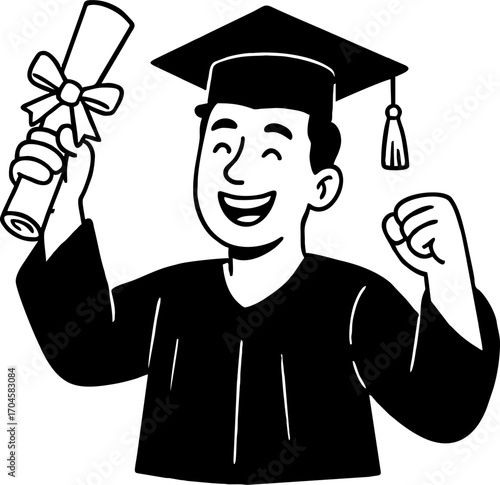 hand drawn style  Flat vector line design ilustration happy man with Graduation cap & certificate
