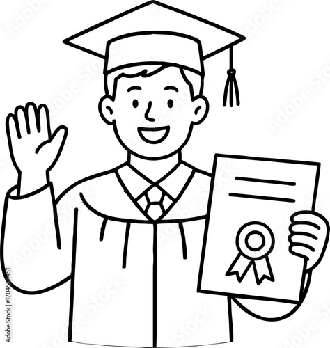 hand drawn style  Flat vector line design ilustration happy man with Graduation cap & certificate