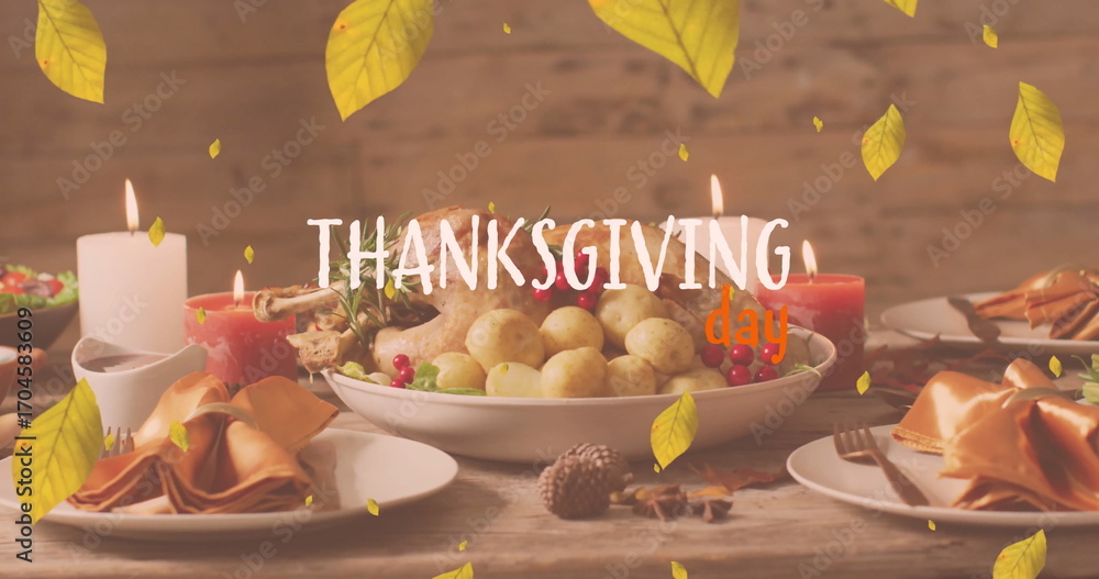 Fototapeta premium Image of thanksgiving day text over turkey dinner and autumn leaves background