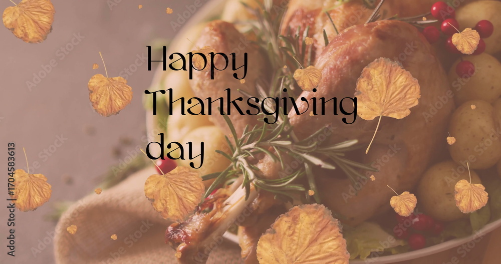Fototapeta premium Image of happy thanksgiving day text over turkey dinner and autumn leaves background