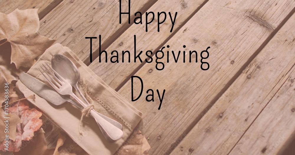 Fototapeta premium Image of happy thanksgiving day text over cutlery on wooden background