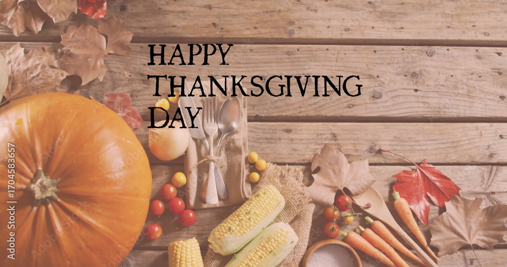 Fototapeta premium Image of happy thanksgiving day text over autumn leaves and produce on wooden background