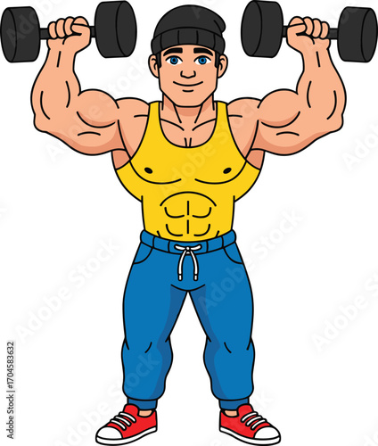 Cartoon muscular person lifting dumbbells overhead, fitness and strength training vector illustration for bodybuilding, exercise and gym themes