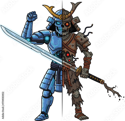 Cartoon split samurai warrior half robotic and half undead, futuristic cyber samurai and decayed warrior vector illustration, technology versus decay concept design