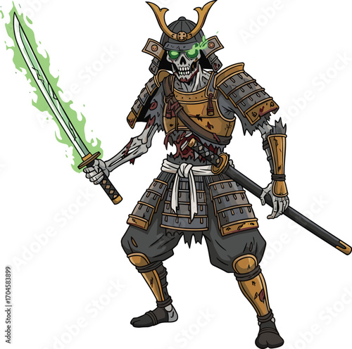 Undead samurai warrior, skeletal armor, glowing green eyes, katana with green blade, gold dark armor, spooky fantasy theme, vector illustration art design