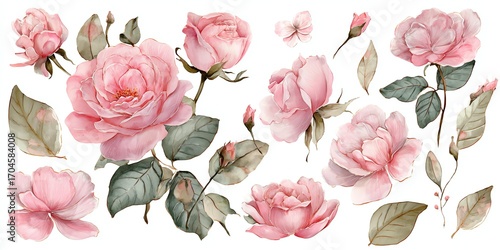 Beautiful pink roses and delicate floral arrangement featuring vibrant petals, lush leaves, and soft watercolor botanical artwork for elegant garden decor