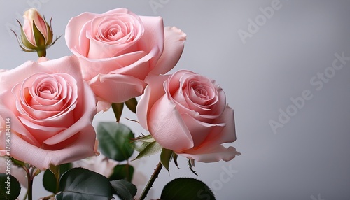 Elegant Pink Roses With Delicate Accents Against A Soft Gray Background In Springtime Bloom