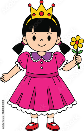 Cartoon princess girl, pink dress, puffed sleeves, yellow crown, holding flower, red shoes, white socks, children’s character, cute royal theme, vector illustration art design