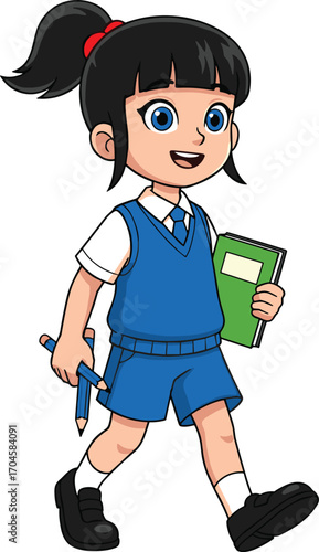 Cartoon schoolgirl in blue uniform walking with notebook and pencils, cheerful student vector illustration for education, school and learning themes