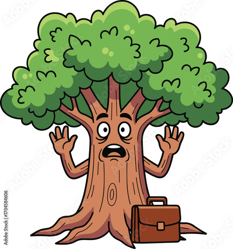 Cartoon anthropomorphic tree with face and briefcase, surprised expression vector illustration, fantasy and environmental character design for storytelling and educational themes