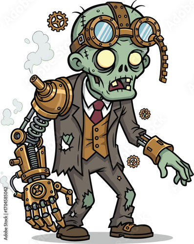 Cartoon steampunk zombie with mechanical arm and goggles, undead retro‑futuristic character vector illustration, horror and fantasy design for Halloween and Victorian sci‑fi themes