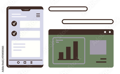 Smartphone with checklist and desktop screen featuring bar chart analytics. Ideal for productivity, technology, task management, data analysis, mobile apps, business planning, teamwork. Simple flat