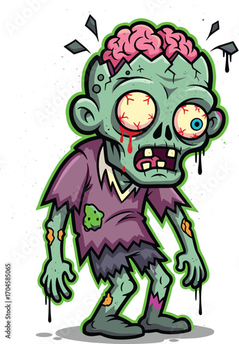 Cartoon zombie with exposed brain and tattered clothes, scary undead character vector illustration, horror and Halloween design for spooky monster and fantasy themes