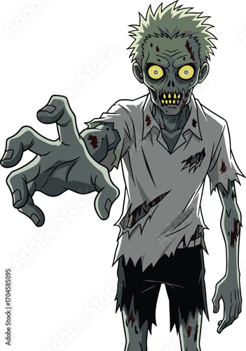 Cartoon zombie with green skin and tattered clothes, scary undead character vector illustration, horror and Halloween design for spooky monster and fantasy themes