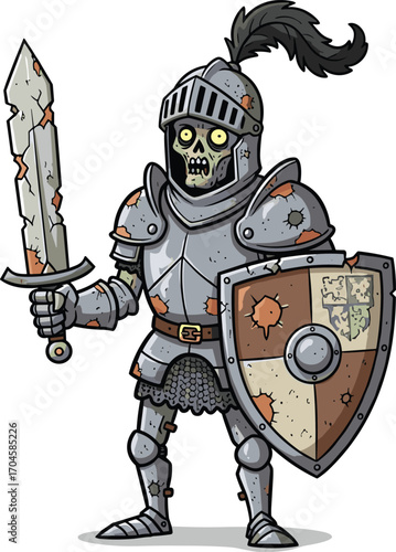 Zombie knight character, rusted medieval armor, skeletal face, glowing yellow eyes, chipped sword, shield with crest, spooky Halloween theme, vector illustration art design