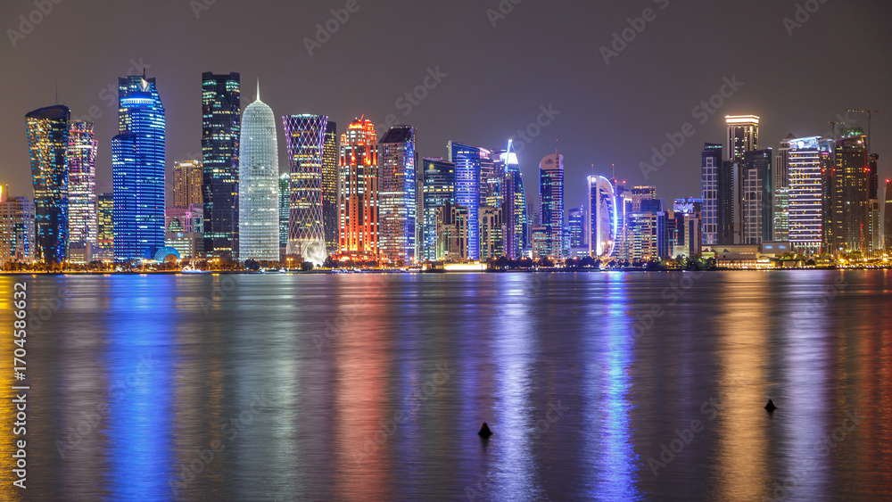 Fototapeta premium Doha downtown skyline day to night timelapse, Qatar, Middle East