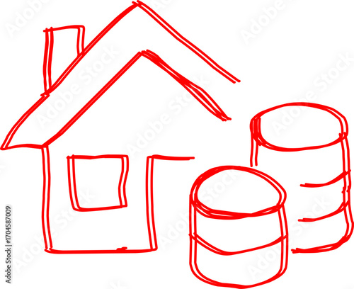 Hand-drawn red doodle of a house with two coin stacks, symbolizing real estate, savings, investment, and financial growth in a playful sketch style.