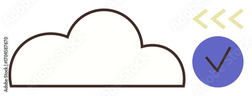 Cloud outline paired with a blue circle housing a checkmark and yellow arrows moving rightward. Ideal for data management, technology, storage, security, approval, innovation, simple flat metaphor