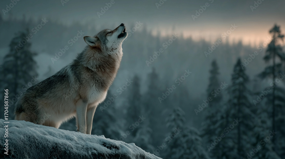 Obraz premium Wolf howling on snowy ridge under full moon, northern lights shimmering above, dark mystical ambiance