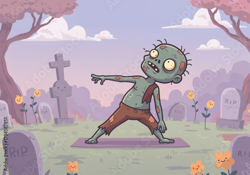 Humorous Zombie Doing Yoga in Graveyard