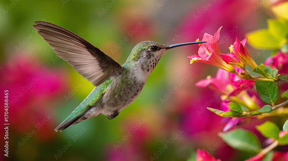 Naklejka premium Hummingbird mid-flight drinking from flower, frozen wings, extreme clarity, colorful tropical backdrop