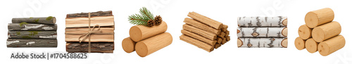 Wood set including logs, split firewood, birch, oak, and kindling elements isolated. Natural resources and heating collection.