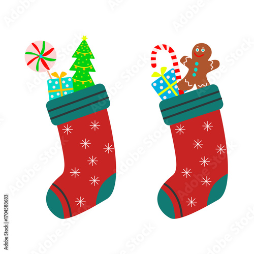 Christmas socks on white background. Two socks full winter holiday sweet, presents and lollipops inside. Festive xmas red stocking full of present box, candy cane, christmas tree. Vector illustration