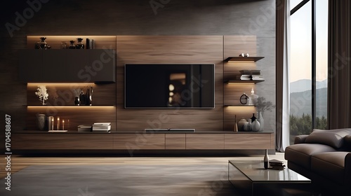 Sophisticated living room design featuring custom wooden wall unit and neutral color palette