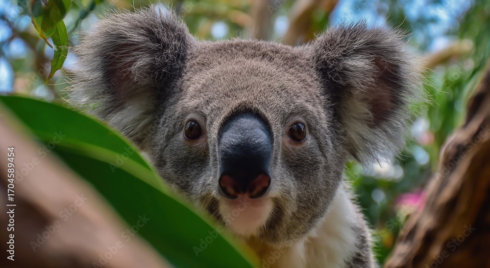 Fototapeta premium Koala Portrait Amongst Eucalyptus Leaves, Close Up Animal Photography, Cute Wildlife from Australia