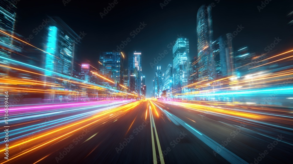 Obraz premium Futuristic Cityscape at Night with Dynamic Light Streaks and Modern Architecture Backdrop