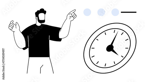Man gesture toward progress indicators, highlighting a clock. Ideal for productivity, time tracking, task management, goal setting, project planning, efficiency scheduling. Minimalist flat metaphor