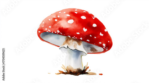 Watercolor illustration of Amanita muscaria mushroom, hand-painted style, vibrant red cap with white spots, isolated on a transparent background. Ideal for nature art, design, and education.