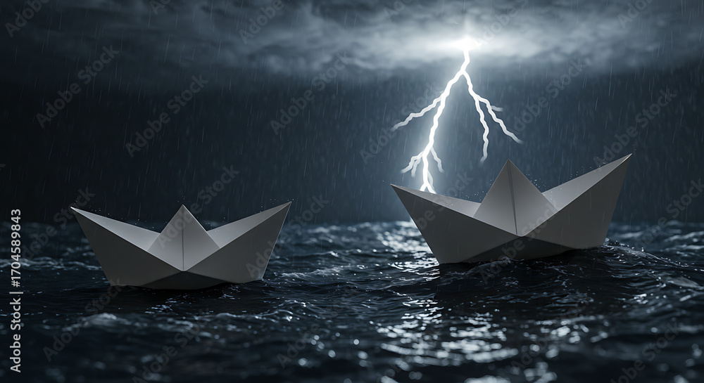 Obraz premium Paper Boats Navigating the Storm: Two paper boats bravely face the turbulent sea beneath a dramatic sky, as a powerful lightning bolt illuminates the stormy scene.