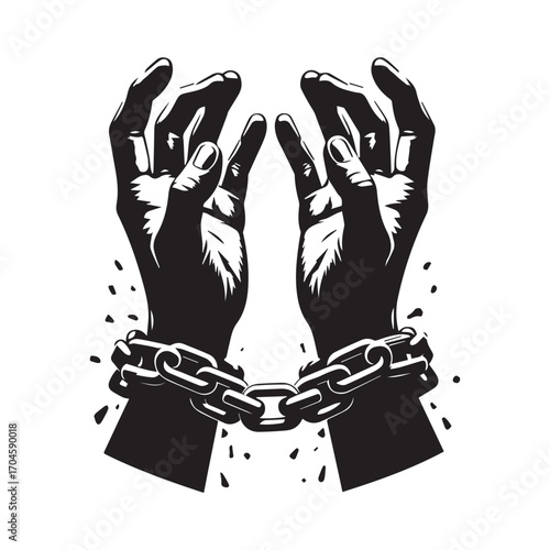Black and white illustration of hands breaking free from chains with scattered particles freedom