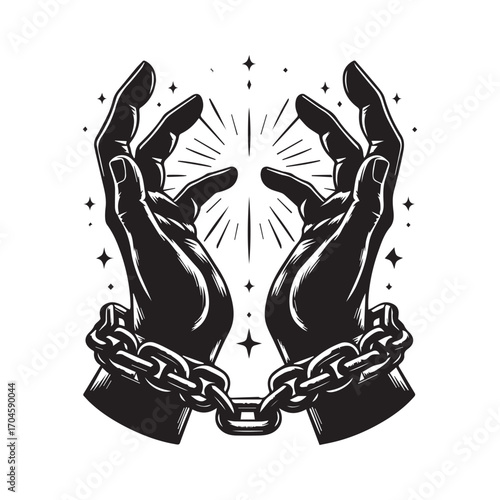 Black and white illustration of hands breaking free from chains with radiating light and stars
