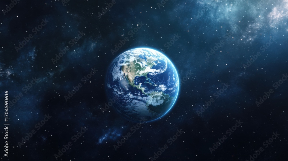 Obraz premium Planet Earth centered in deep space, surrounded by countless stars, North and South America in view