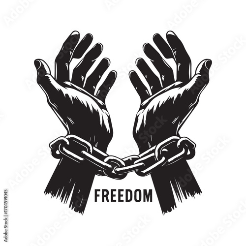 Black and white illustration of open hands freed from chains, with the word FREDOM below