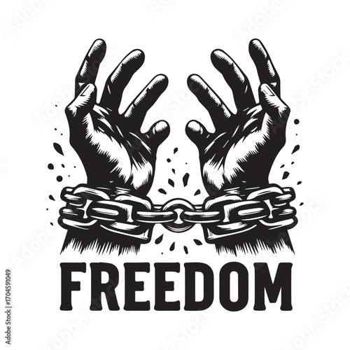 Black and white illustration of open hands chained together with the word FREDOM below and scattered dots