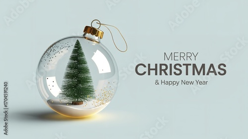 Christmas tree inside a clear bauble with merry christmas and happy new year text on light blue background