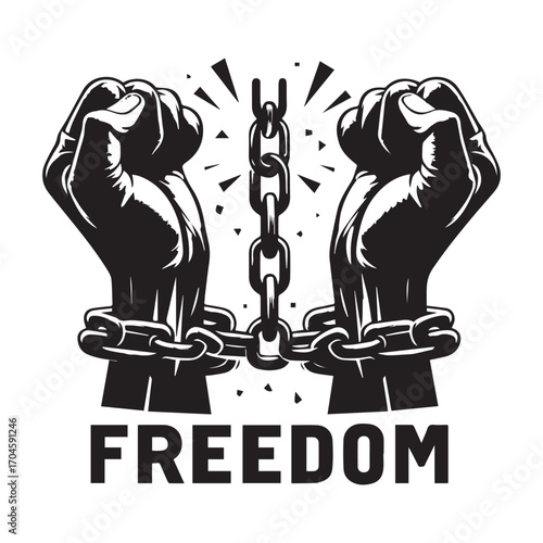Black and white illustration of two clenched fists breaking a central chain with radiating lines and the word FREDOM