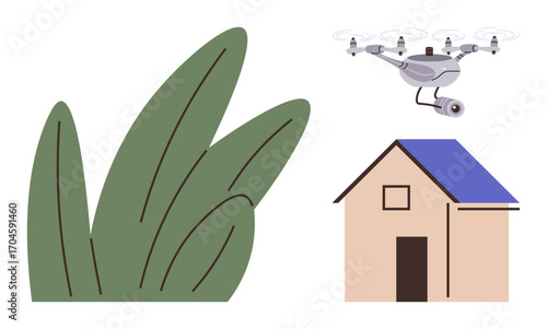 quadcopter flying over a small house next to green foliage, representing home security and monitoring. Ideal for technology, innovation, security, surveillance, home safety, modern living, simple flat