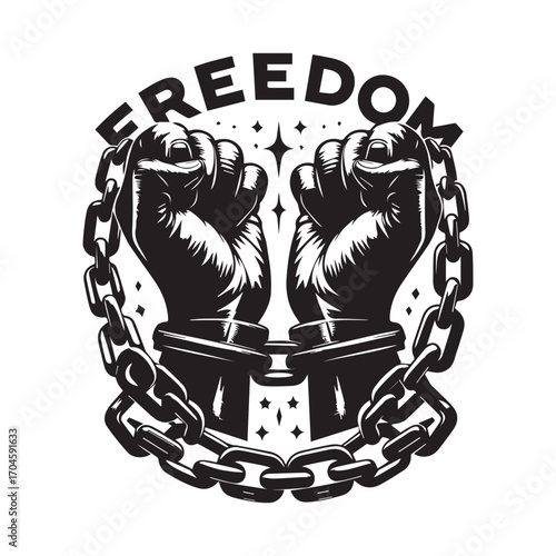 Black and white illustration of two fists breaking chains in a circular design with stars freedom