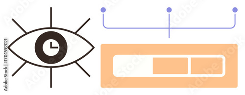 Eye icon with clock center and workflow diagram combining vision, time control, and progress. Ideal for productivity, planning, time tracking, goal achievement, workflow, efficiency simple flat