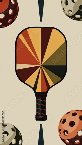 Retro Pickleball Paddle and Balls Abstract Art Illustration – Colorful Geometric Modern Sports Design on Cream Background
