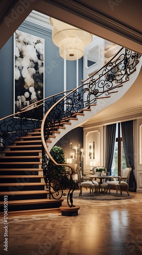 Elegant interior showcasing a winding staircase with wrought iron details and luxury home design