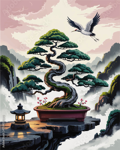 Serene Bonsai Tree on Cliff Edge with Lantern and Flying Crane, Misty Asian Mountains, Tranquil Sunrise Landscape Illustration