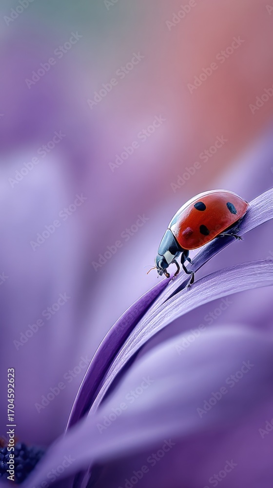 Fototapeta premium Ladybug on Purple Flower Petal: Close-Up Macro Photograph Showcasing Detailed Insect and Floral Beauty