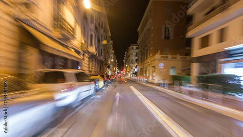Fototapeta Naklejka Na Ścianę i Meble -  Driving on the night streets in Nice timelapse hyperlapse drivelapse, France.